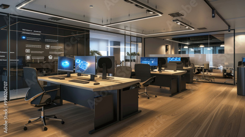 A corporate workspace with smart tech solutions like IoT devices, automated workflows, and personalized workstations for enhanced efficiency.