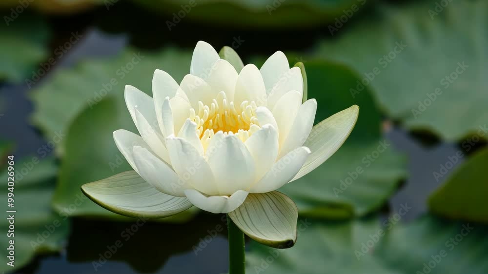 A white water lily blooms in a pond on a sunny day A white water lily blooms in a pond on a sunny day