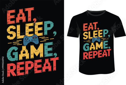 Colorful graphic t-shirt featuring a gaming slogan with a controller design displayed against a dark background