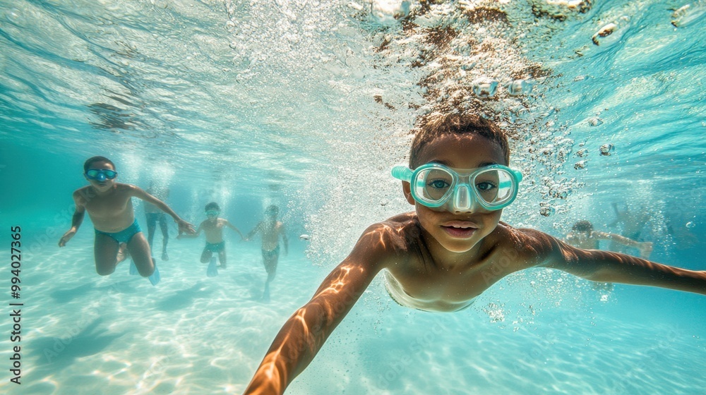 Naklejka premium Joyful kids swimming underwater in a clear blue pool during a sunny summer day, creating lasting memories of fun and laughter
