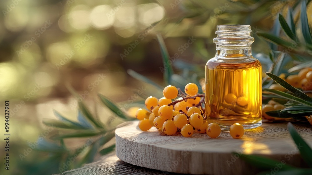 A glass bottle of sea buckthorn essential oil rests beside fresh yellow berries on a wooden board, bathed in soft natural light, offering a clean, organic scene for beauty or health brands. A glass bottle of sea buckthorn essential oil rests beside fresh yellow berries on a wooden board, bathed in soft natural light, offering a clean, organic scene for beauty or health brands.