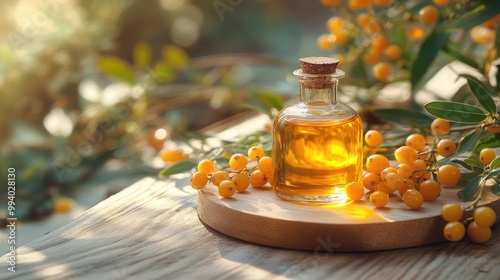 A glass bottle of sea buckthorn oil sits on a wooden board with fresh yellow berries, gently illuminated by natural sunlight, creating a calming, organic scene for product mockups.