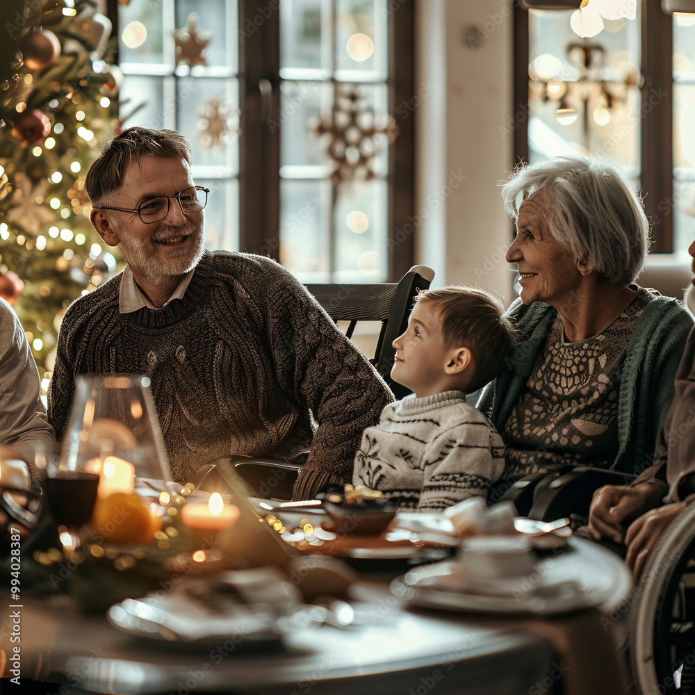 Fototapeta premium Family gathering for holiday celebrations, including elderly relatives and individuals with disabilities, ensuring everyone feels valued and included, familial caregiving roles honored