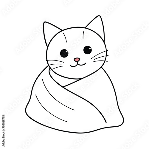 Cute kitten wrapped in a blanket, flat vector style with soft pastel colors and cozy details.