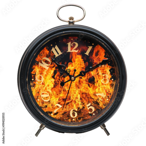 Old alarm clock with flames showing time passing quickly