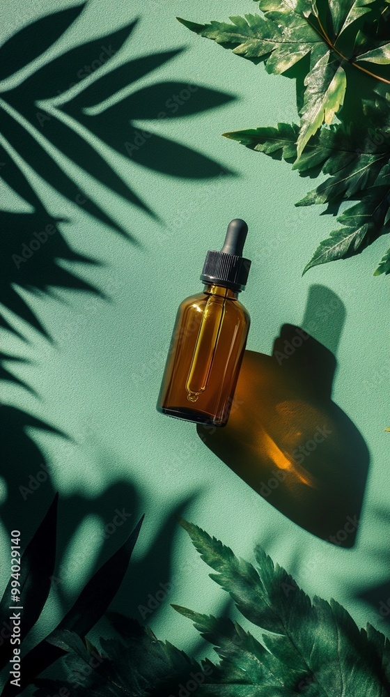 Amber glass dropper bottle casts shadow on mint green background, surrounded by lush green leaves and tropical palm frond silhouettes, evoking natural skincare. Amber glass dropper bottle casts shadow on mint green background, surrounded by lush green leaves and tropical palm frond silhouettes, evoking natural skincare.
