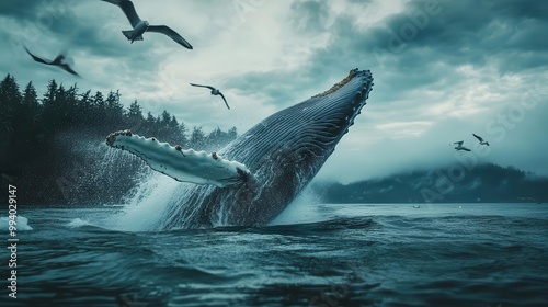 majestic humpback whale breaching ocean surface with dramatic splash seabirds flying wildlife adventure photography