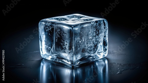 Frozen crystal ice cube isolated on a sleek black background, subtly lit to accentuate its translucent beauty and delicate frosty edges. photo