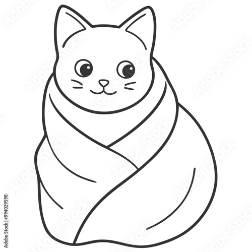 Cute kitten wrapped in a blanket, flat vector style with soft pastel colors and cozy details.
