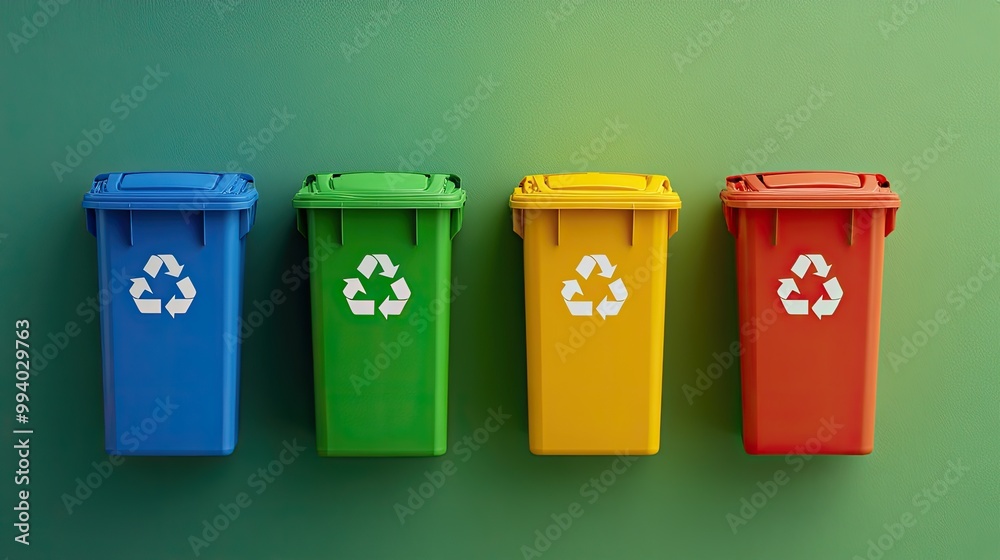A series of recycling bins in different colors for proper waste separation, placed on a solid color background with text space, promoting eco-conscious behavior and sustainable practices. A series of recycling bins in different colors for proper waste separation, placed on a solid color background with text space, promoting eco-conscious behavior and sustainable practices.