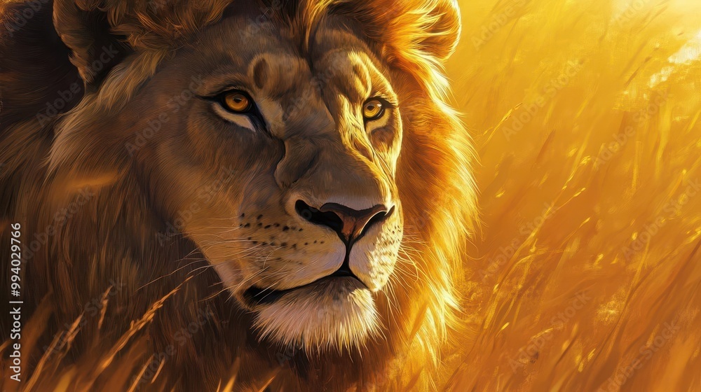 Naklejka premium majestic lion portrait with piercing eyes detailed fur and golden savanna background digital painting