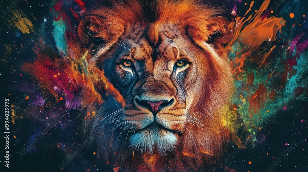 majestic lion portrait mane transformed into swirling inferno of vibrant flames eyes glowing with inner fire abstract paint splatters merging reality and imagination on midnight canvas majestic lion portrait mane transformed into swirling inferno of vibrant flames eyes glowing with inner fire abstract paint splatters merging reality and imagination on midnight canvas