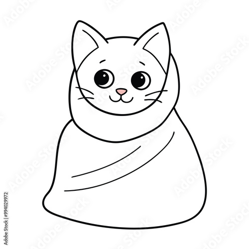 Cute kitten wrapped in a blanket, flat vector style with soft pastel colors and cozy details.