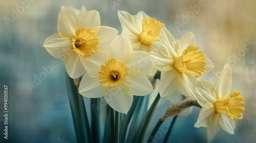 A bouquet of five white and yellow daffodils with green stems. photo