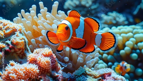 Colorful clownfish swimming amidst the vibrant corals of the Great Barrier Reef photo