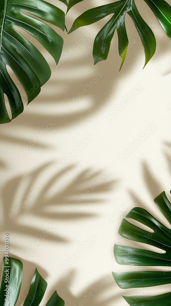 Tropical monstera leaves cast intricate shadows on a cream background, creating a serene and minimalist composition perfect for nature-inspired designs. Tropical monstera leaves cast intricate shadows on a cream background, creating a serene and minimalist composition perfect for nature-inspired designs.