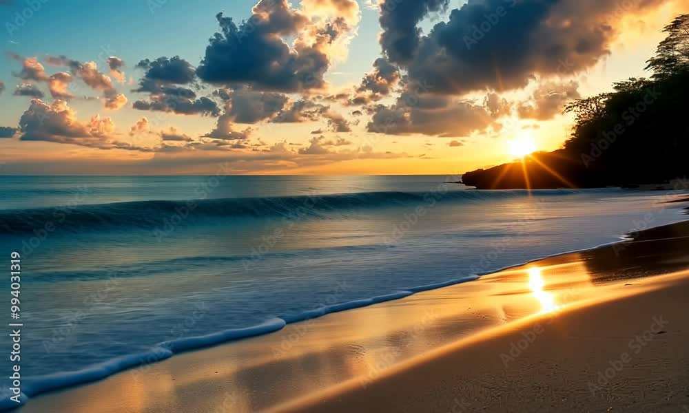 A beautiful beach scene with a bright sun setting in the background Video