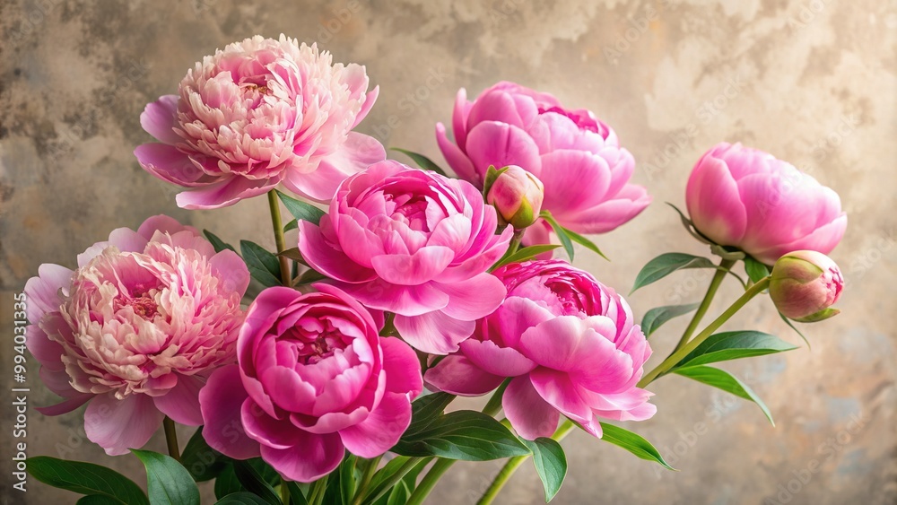 Vibrant pink peonies bloom against a soft, creamy textured backdrop, delicate petals unfolding like silk, creating a serene and romantic atmosphere. Vibrant pink peonies bloom against a soft, creamy textured backdrop, delicate petals unfolding like silk, creating a serene and romantic atmosphere.