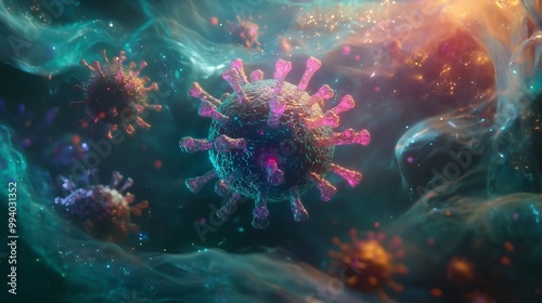 A striking image of the COVID-19 virus against a swirling influenza backdrop conveys urgency and detail.