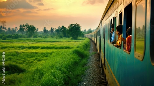 A vibrant Indian train passing through lush green fields in rural India, with colorful passengers looking out from the windows.