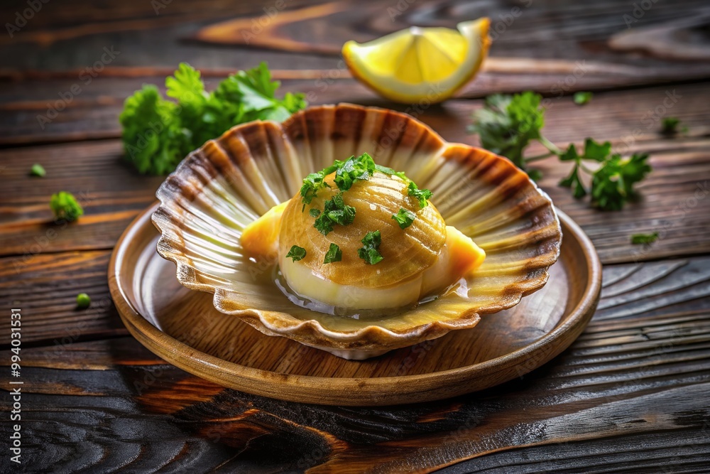 Freshly cooked golden scallop presented in a delicate shell on a dark wooden table, garnished with parsley and lemon, awaiting a culinary description. Freshly cooked golden scallop presented in a delicate shell on a dark wooden table, garnished with parsley and lemon, awaiting a culinary description.