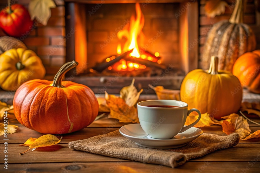 Cup of tea and pumpkin, autumn leaves on table on background of warm fireplace.
