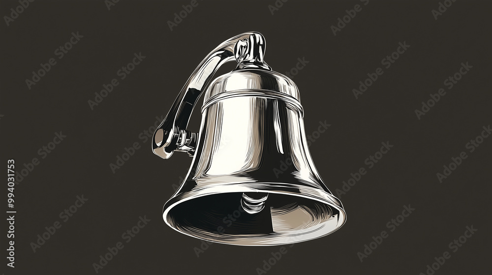 The shiny bell is suspended from a sturdy handle, capturing the light beautifully against the contrasting dark backdrop. It exudes a classic charm. The shiny bell is suspended from a sturdy handle, capturing the light beautifully against the contrasting dark backdrop. It exudes a classic charm.