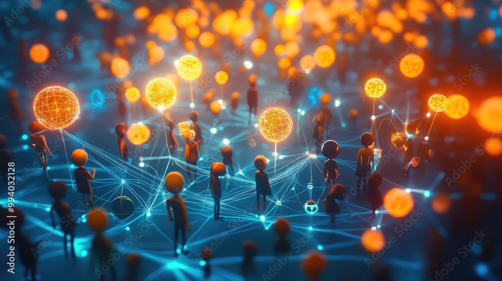 Playful 3D cartoon characters connecting through a web of floating, glowing wires, representing a vibrant online social network in a digital world Playful 3D cartoon characters connecting through a web of floating, glowing wires, representing a vibrant online social network in a digital world