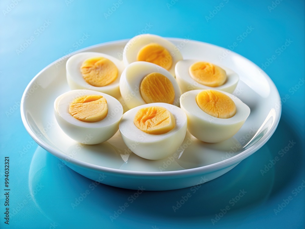 Freshly prepared hard-boiled eggs arranged artfully on a white ceramic plate against a clean blue background, with a slight shadow and reflection. Freshly prepared hard-boiled eggs arranged artfully on a white ceramic plate against a clean blue background, with a slight shadow and reflection.