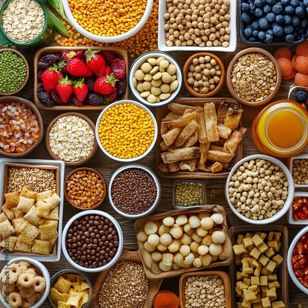 An array of different fortified food products,including cereals,beverages,and more,with labels highlighting enhanced nutrition such as omega-3,vitamins,and probiotics for a healthy,balanced lifestyle. An array of different fortified food products,including cereals,beverages,and more,with labels highlighting enhanced nutrition such as omega-3,vitamins,and probiotics for a healthy,balanced lifestyle.