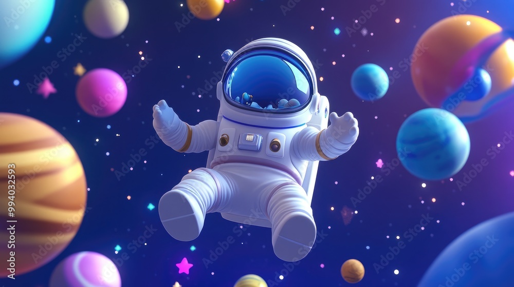 A 3D cartoon character dressed as an astronaut floating in space, surrounded by planets and stars, representing space exploration and scientific discovery A 3D cartoon character dressed as an astronaut floating in space, surrounded by planets and stars, representing space exploration and scientific discovery
