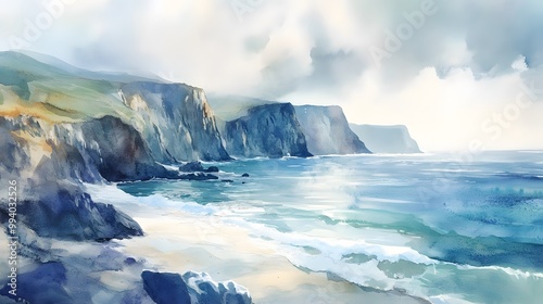 Serene coastal cliffs overlooking the ocean, soft watercolor waves lapping at the shore
