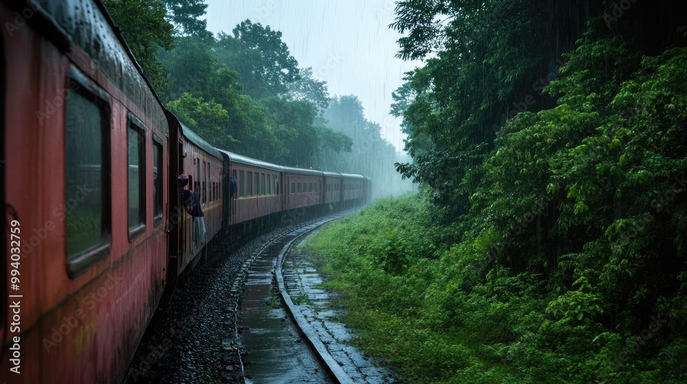 Fototapeta premium A classic Indian train journey during monsoon season, with rain-soaked tracks and greenery lining the route.