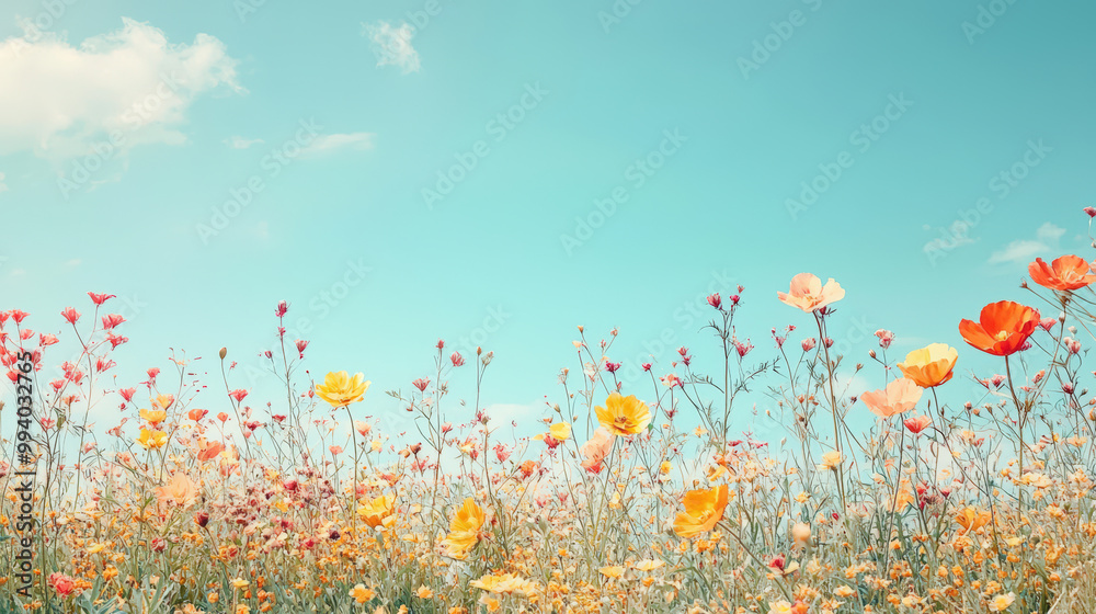 A vibrant field of desert flowers under wide blue sky creates serene and uplifting atmosphere. colorful blooms sway gently in breeze, inviting joy and tranquility A vibrant field of desert flowers under wide blue sky creates serene and uplifting atmosphere. colorful blooms sway gently in breeze, inviting joy and tranquility