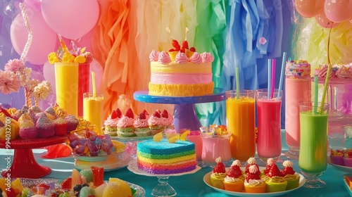 A brightly colored table spread featuring neon-tinted desserts, colorful cakes, and rainbow-hued drinks, set against a festive background.