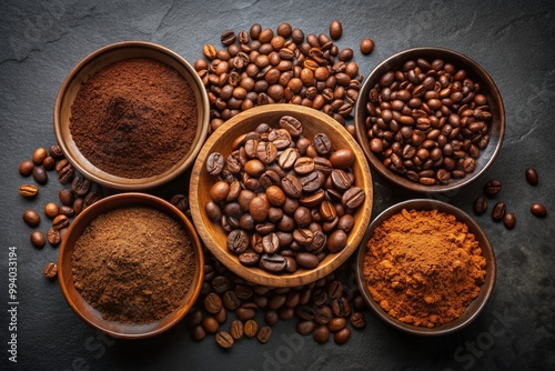 Assorted coffee varieties on dark background: whole roasted beans, fine ground coffee, and instant coffee powder in separate bowls with ample copy space.