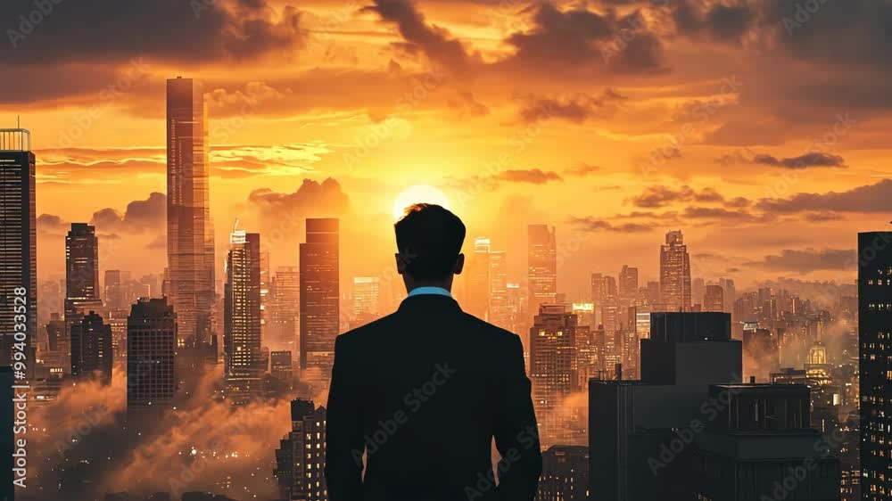 A man stands in silhouette, overlooking a city skyline during a vibrant sunset A man stands in silhouette, overlooking a city skyline during a vibrant sunset