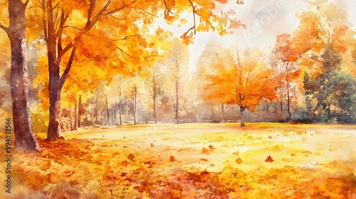 Autumn park scene with golden leaves scattered on the ground, rendered in warm watercolor tones