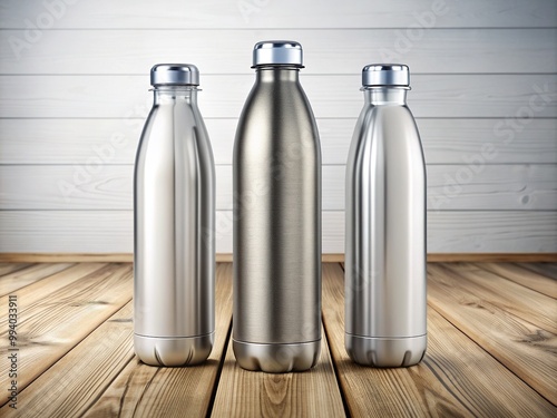 Refillable stainless steel water bottle with a sleek design and clean label on a white background, perfect for your branding or advertising needs. photo