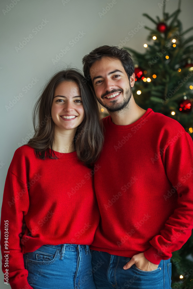 Fototapeta premium Red Christmas Vibes: Smiling Couple in Cotton Sweatshirts