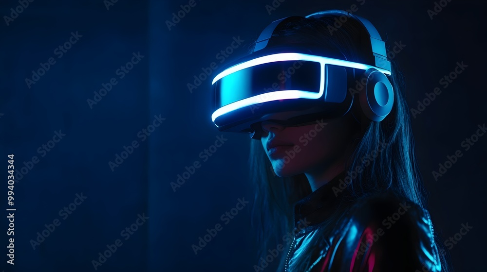 A Woman Wearing a Futuristic VR Headset in a Minimalist Dark Scene with Glowing Blue Lights A Woman Wearing a Futuristic VR Headset in a Minimalist Dark Scene with Glowing Blue Lights