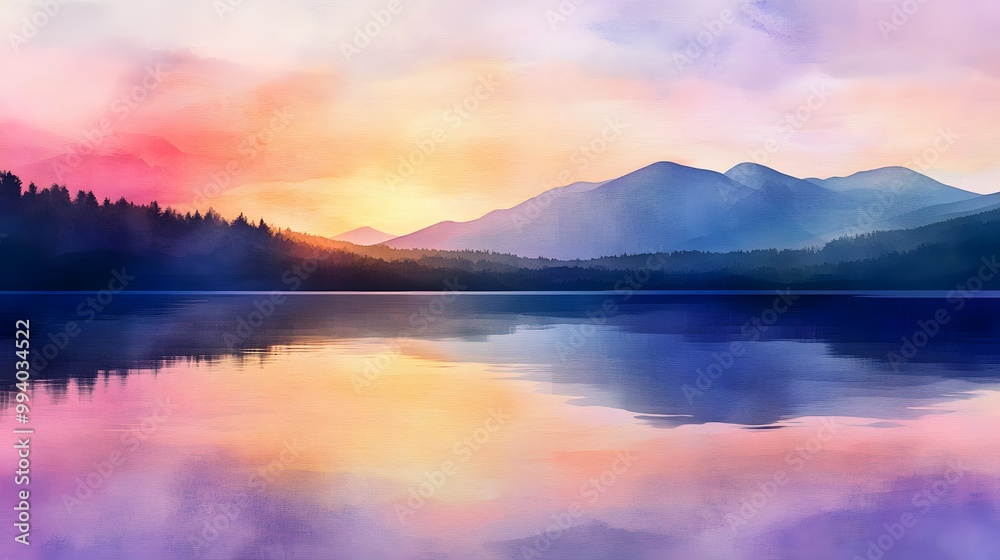 Sunset over a mountain lake, soft watercolor reflections blending the warm and cool tones Sunset over a mountain lake, soft watercolor reflections blending the warm and cool tones