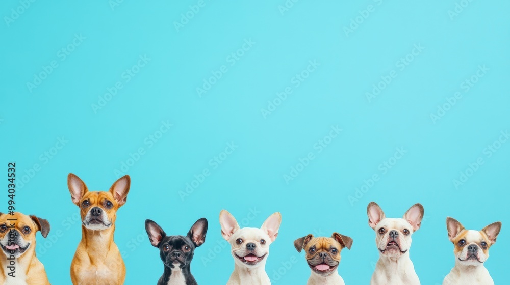 Row of various adorable dogs blue background