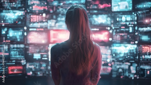 A young woman analyzing data in a futuristic environment with glowing screens.