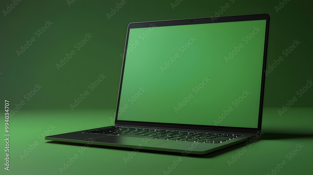 Sleek black laptop with a green screen on a vibrant green background. Sleek black laptop with a green screen on a vibrant green background.