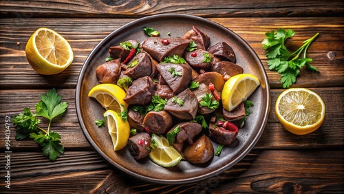 Freshly arranged plate of lamb's liver, heart, and kidneys garnished with parsley and lemon, set against a rustic wooden background with subtle shadows. photo