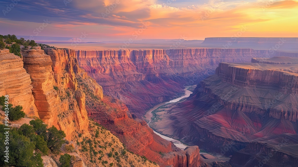 majestic view of the grand canyon at golden hour layered rock formations in vibrant reds and oranges stretch to the horizon while a winding river catches the last rays of sunlight far below majestic view of the grand canyon at golden hour layered rock formations in vibrant reds and oranges stretch to the horizon while a winding river catches the last rays of sunlight far below