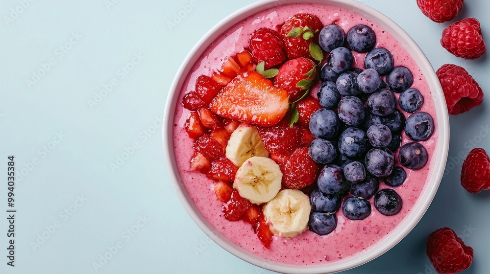 A colorful smoothie bowl topped with strawberries, blueberries, and bananas, set against a light background. A colorful smoothie bowl topped with strawberries, blueberries, and bananas, set against a light background.