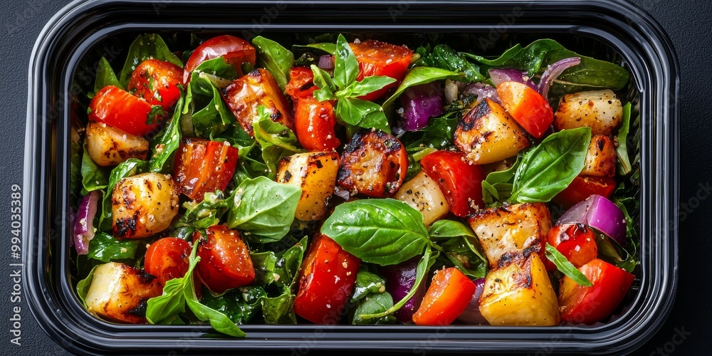 Colorful salad with grilled vegetables, fresh basil, and vibrant tomatoes, presented in a black takeaway container. Colorful salad with grilled vegetables, fresh basil, and vibrant tomatoes, presented in a black takeaway container.