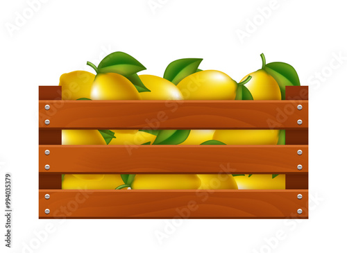 Box of lemons. Vector 3D clipart isolated on white background.